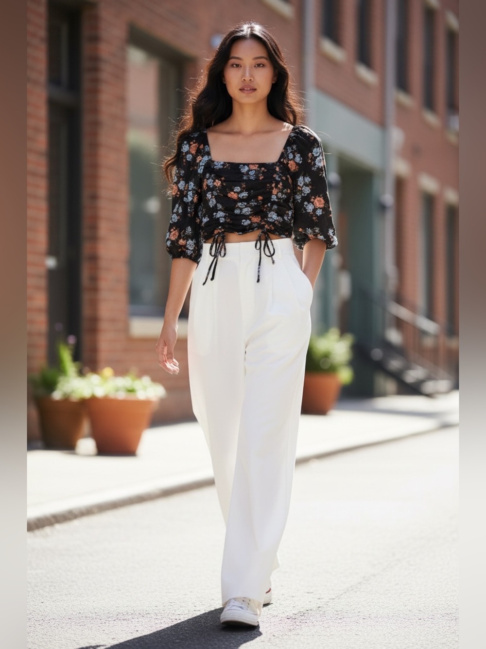 Black Cottagecore Floral Ruched Crop Top Boho